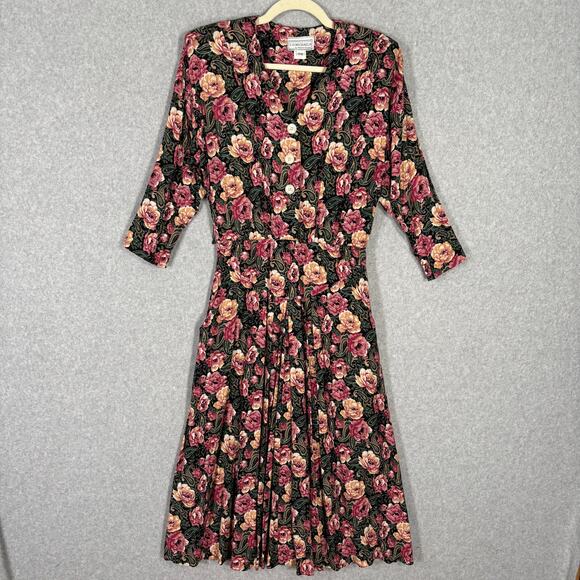 Vintage‎ 80s Dress 9 10 Pink Green Floral Midi Pleated Pockets Cottage 90s Retro - Picture 1 of 16